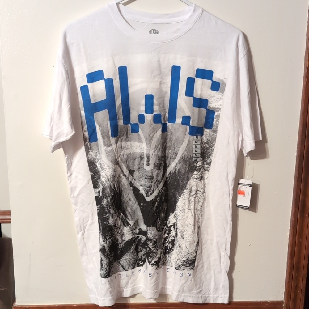 Blue and White Short Sleeve Tee with Bold Graphic